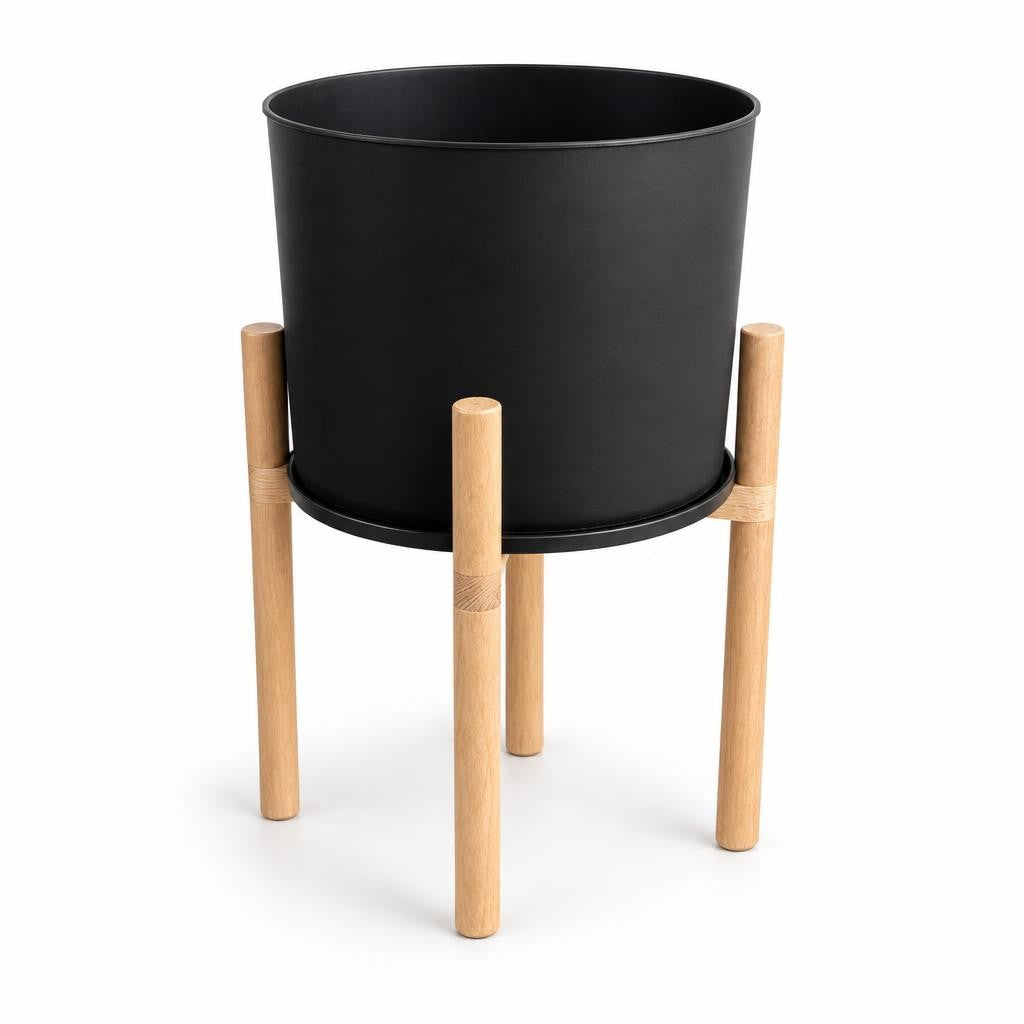 Modern Flower Pot with Wooden Display Stand and Reversible Saucer/Lid Black 50cm Indoor Planter