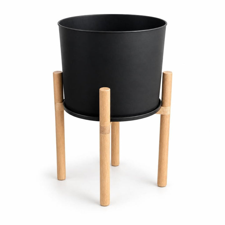 Modern Flower Pot with Wooden Display Stand and Reversible Saucer/Lid Black 50cm Indoor Planter
