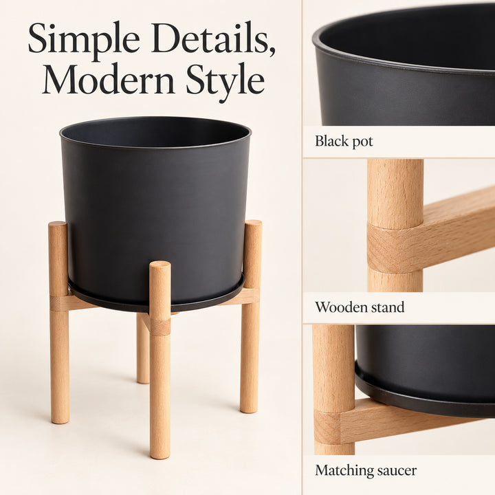 Modern Flower Pot with Wooden Display Stand and Reversible Saucer/Lid Black 50cm Indoor Planter