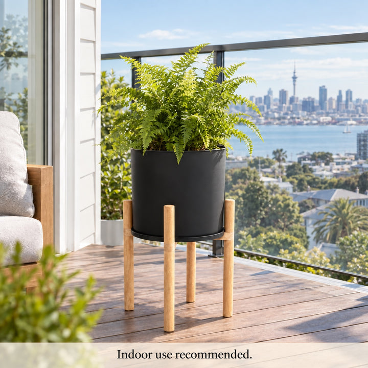 Modern Flower Pot with Wooden Display Stand and Reversible Saucer/Lid Black 50cm Indoor Planter
