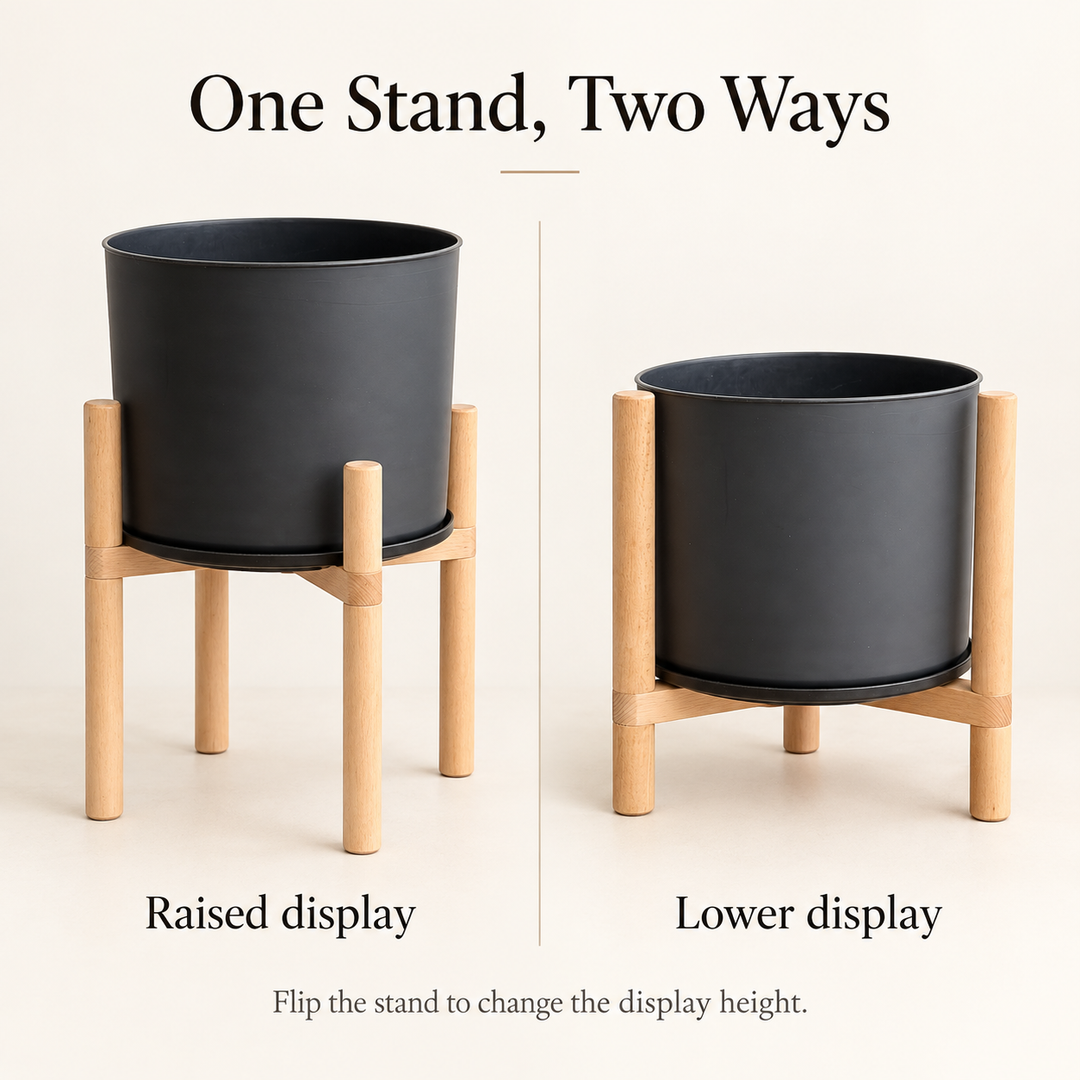 Modern Flower Pot with Wooden Display Stand and Reversible Saucer/Lid Black 50cm Indoor Planter