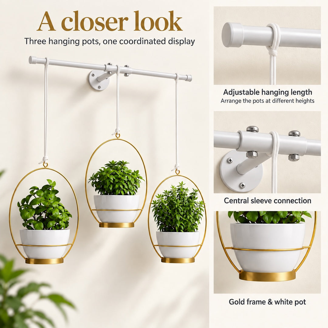 3 Pot Wall Hanging Planter Kitchen Herb Rack White