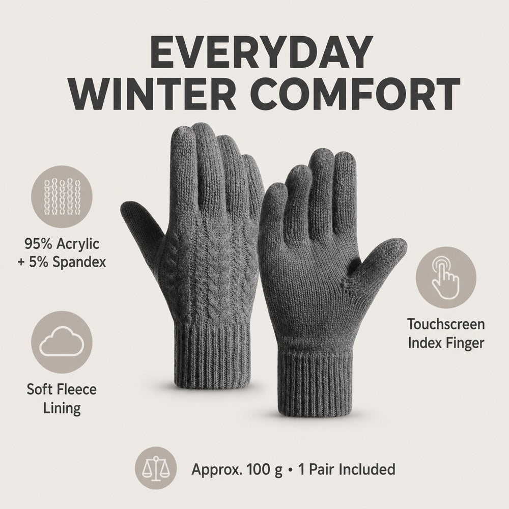 Fleece-Lined Touchscreen Knit Gloves – Dark Grey, M/L