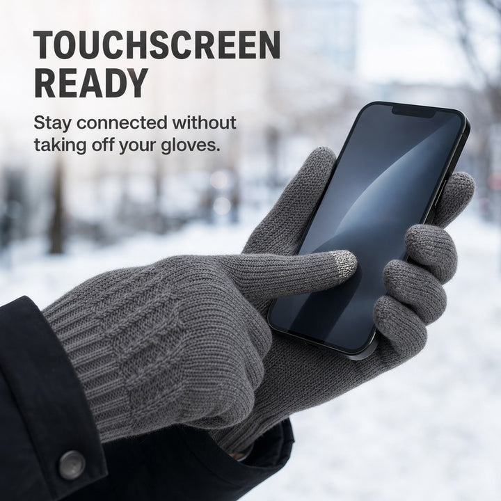 Fleece-Lined Touchscreen Knit Gloves – Light Grey, S/M