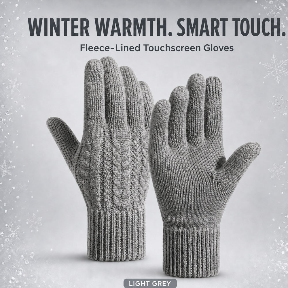 Fleece-Lined Touchscreen Knit Gloves – Light Grey, S/M