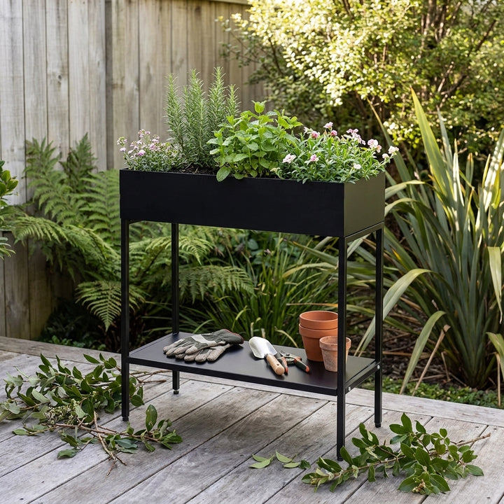 2 Tier Metal Plant Stand Display Organizer Shelf - Black 60cm