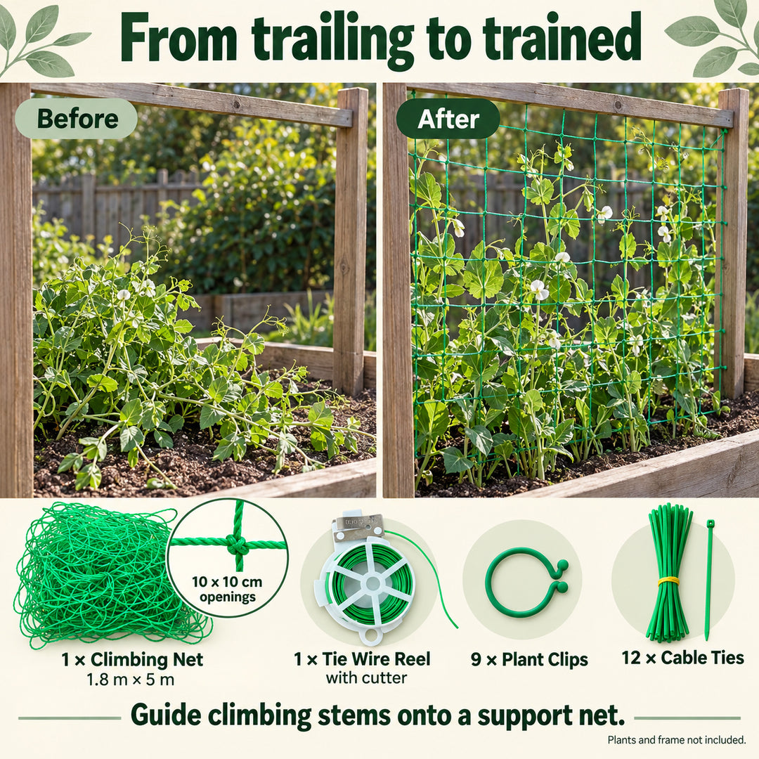 Garden Climbing Net 1.8 x 5 m with Clips and Ties - Plant Support Kit