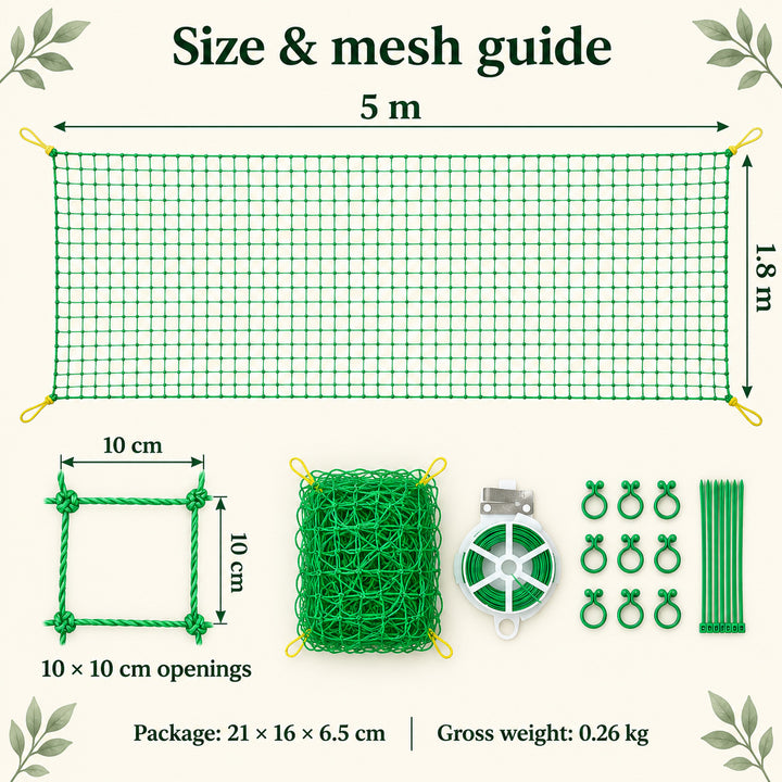 Garden Climbing Net 1.8 x 5 m with Clips and Ties - Plant Support Kit