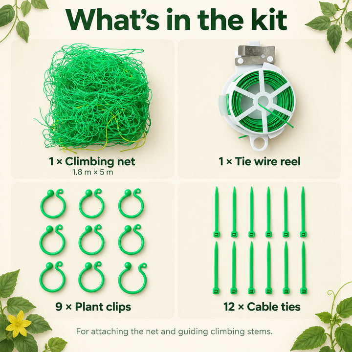 Garden Climbing Net 1.8 x 5 m with Clips and Ties - Plant Support Kit
