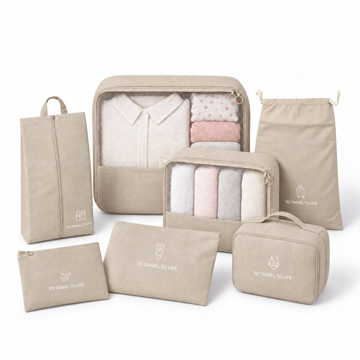 Travel Storage Luggage Organizer Pouch Set of 7 - Beige