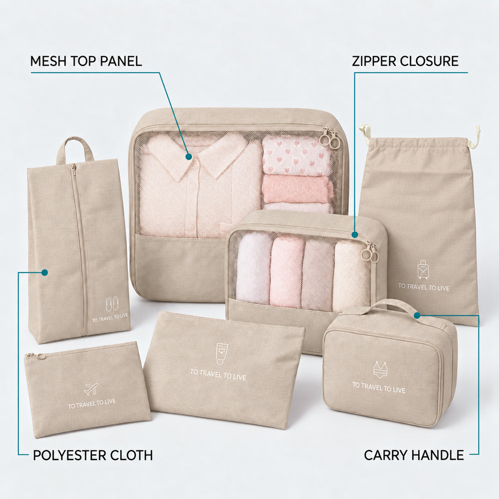 Travel Storage Luggage Organizer Pouch Set of 7 - Beige