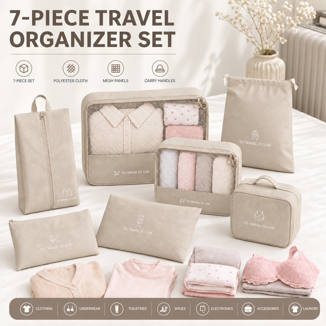 Travel Storage Luggage Organizer Pouch Set of 7 - Beige