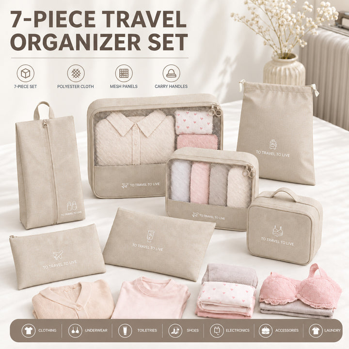 Travel Storage Luggage Organizer Pouch Set of 7 - Beige