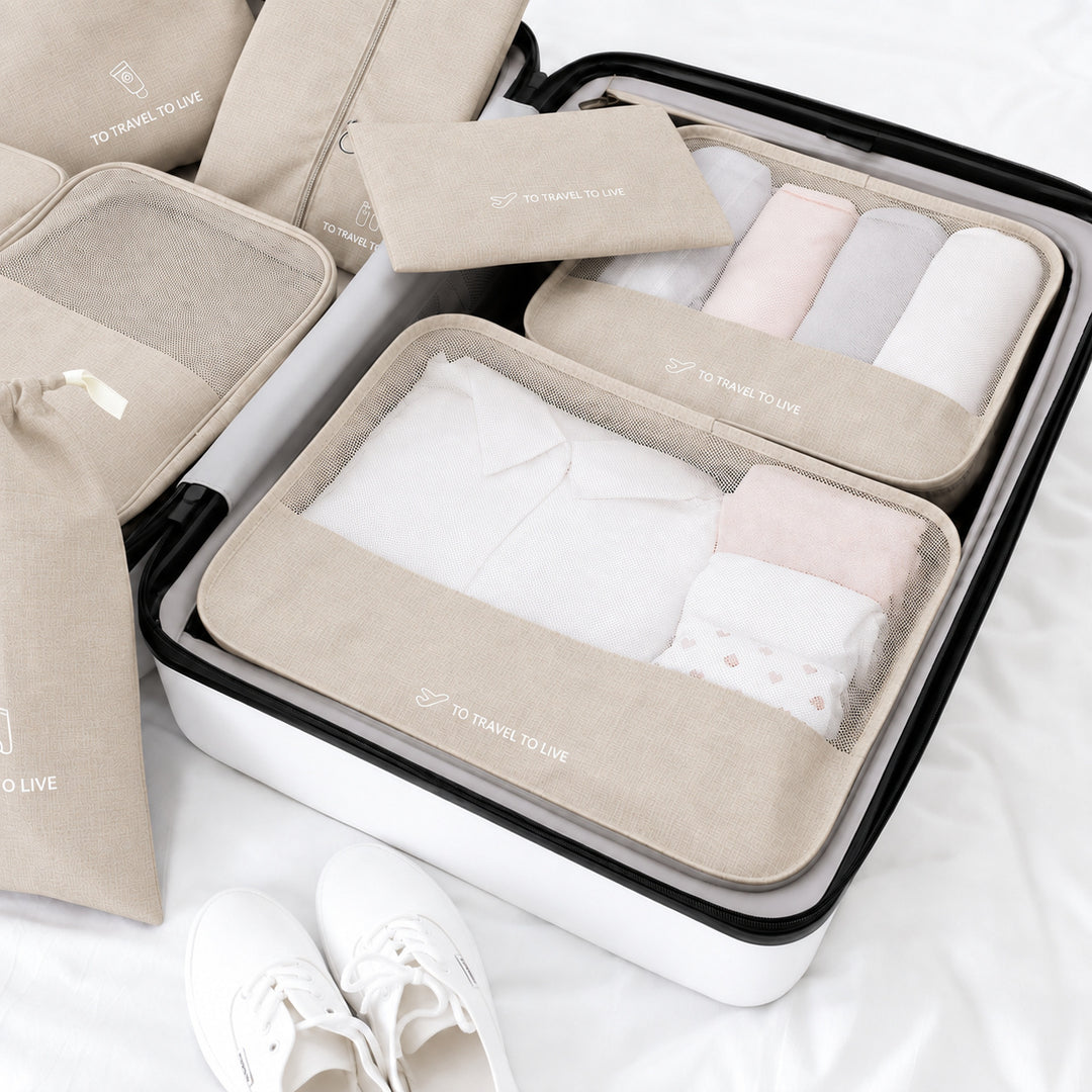 Travel Storage Luggage Organizer Pouch Set of 7 - Beige