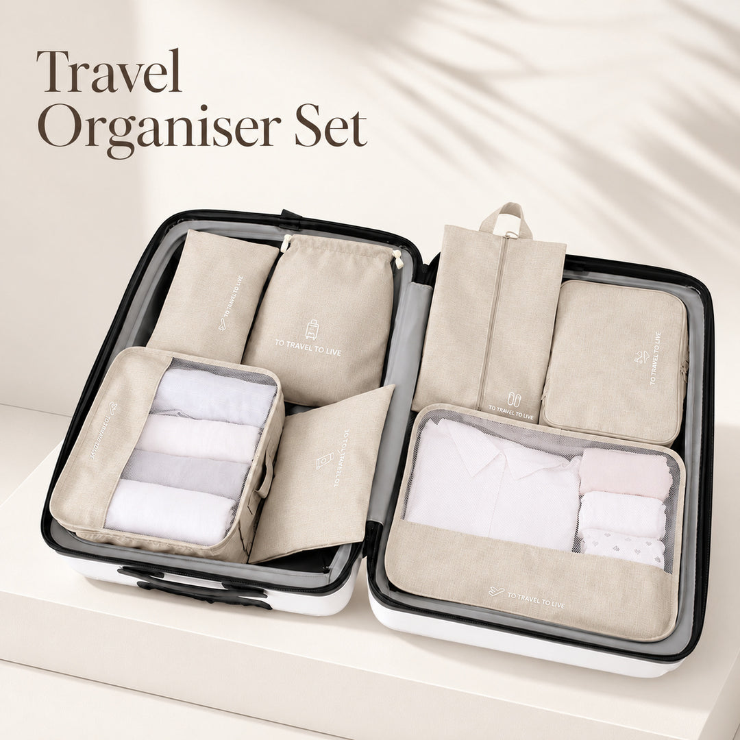 Travel Storage Luggage Organizer Pouch Set of 7 - Beige