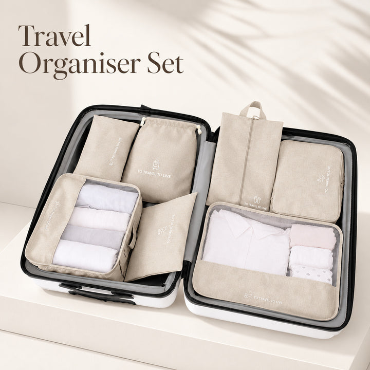 Travel Storage Luggage Organizer Pouch Set of 7 - Beige