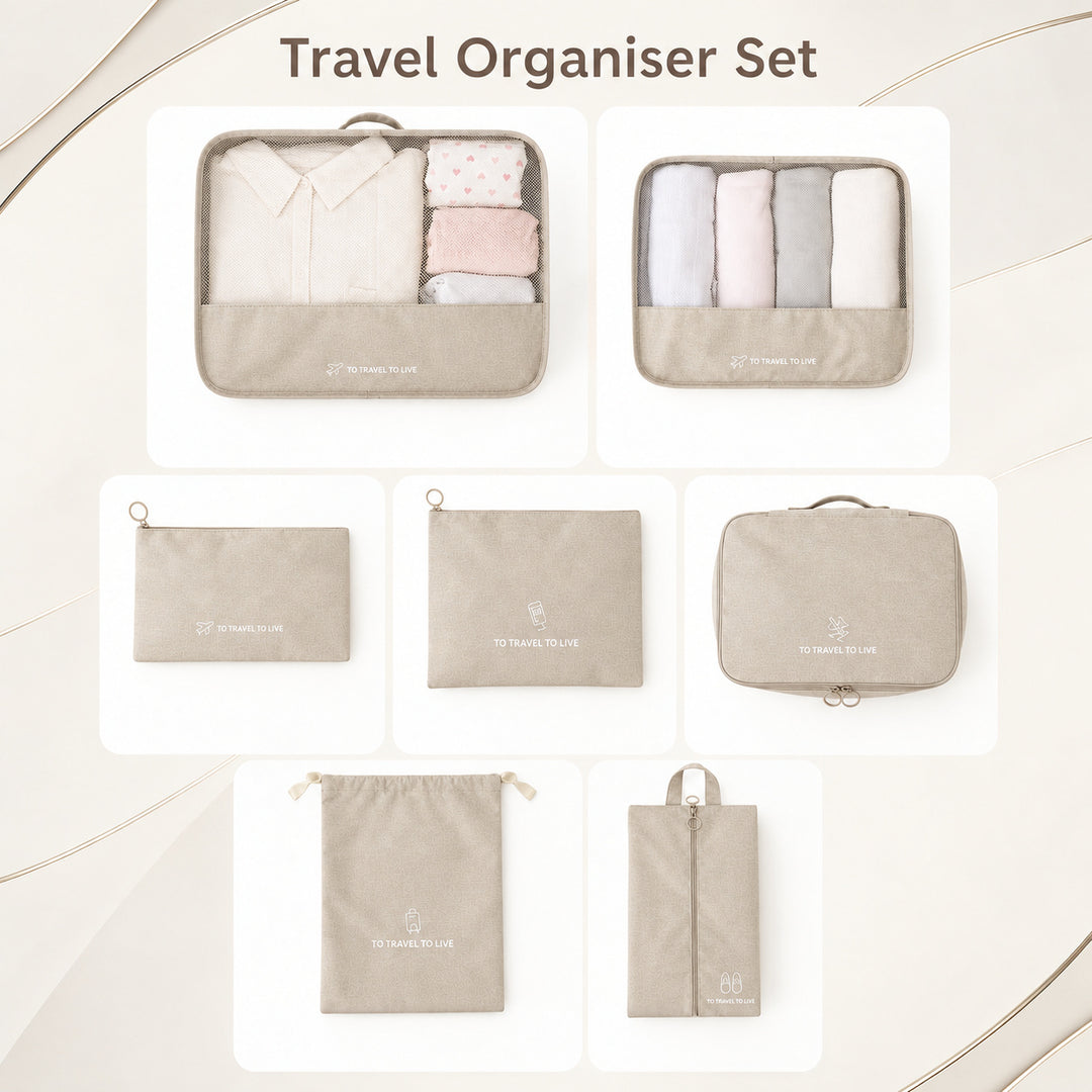 Travel Storage Luggage Organizer Pouch Set of 7 - Beige