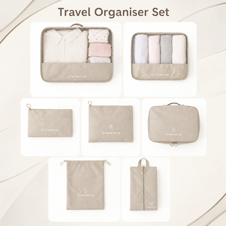 Travel Storage Luggage Organizer Pouch Set of 7 - Beige