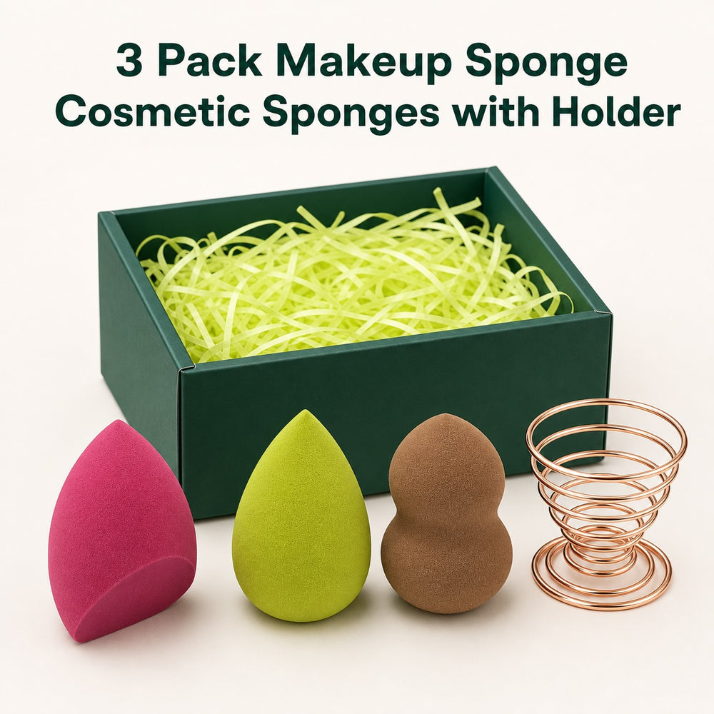 3 Pack Makeup Sponge Set with Metal Holder - Cosmetic Blending Sponges