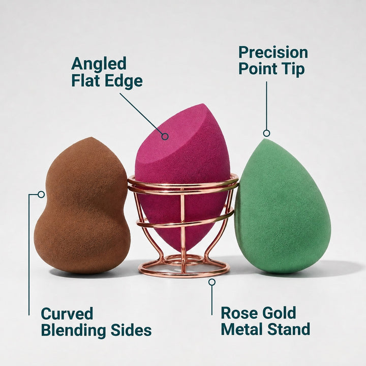 3 Pack Makeup Sponge Set with Metal Holder - Cosmetic Blending Sponges