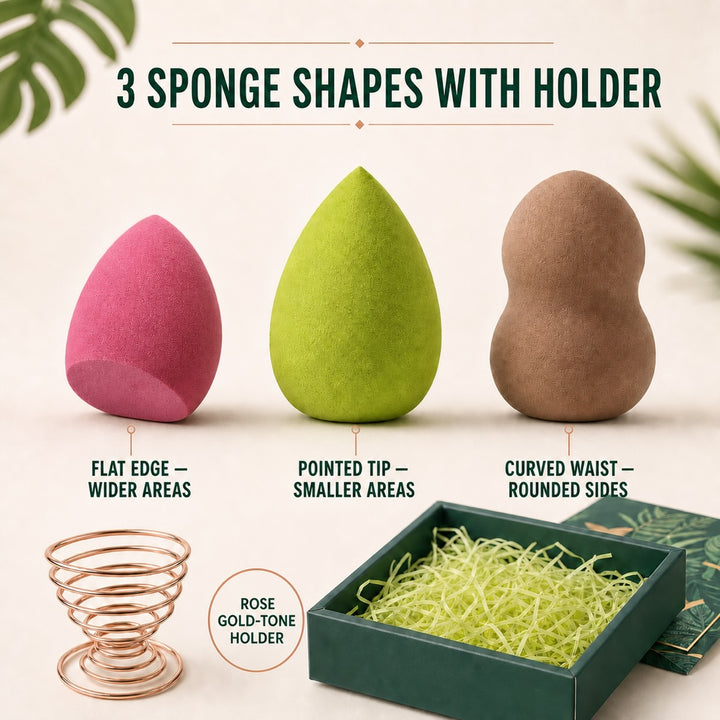 3 Pack Makeup Sponge Set with Metal Holder - Cosmetic Blending Sponges