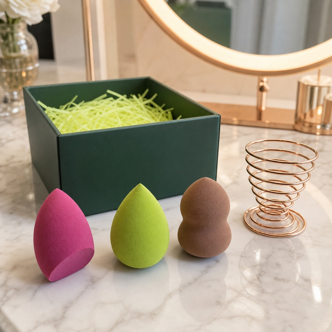 3 Pack Makeup Sponge Set with Metal Holder - Cosmetic Blending Sponges