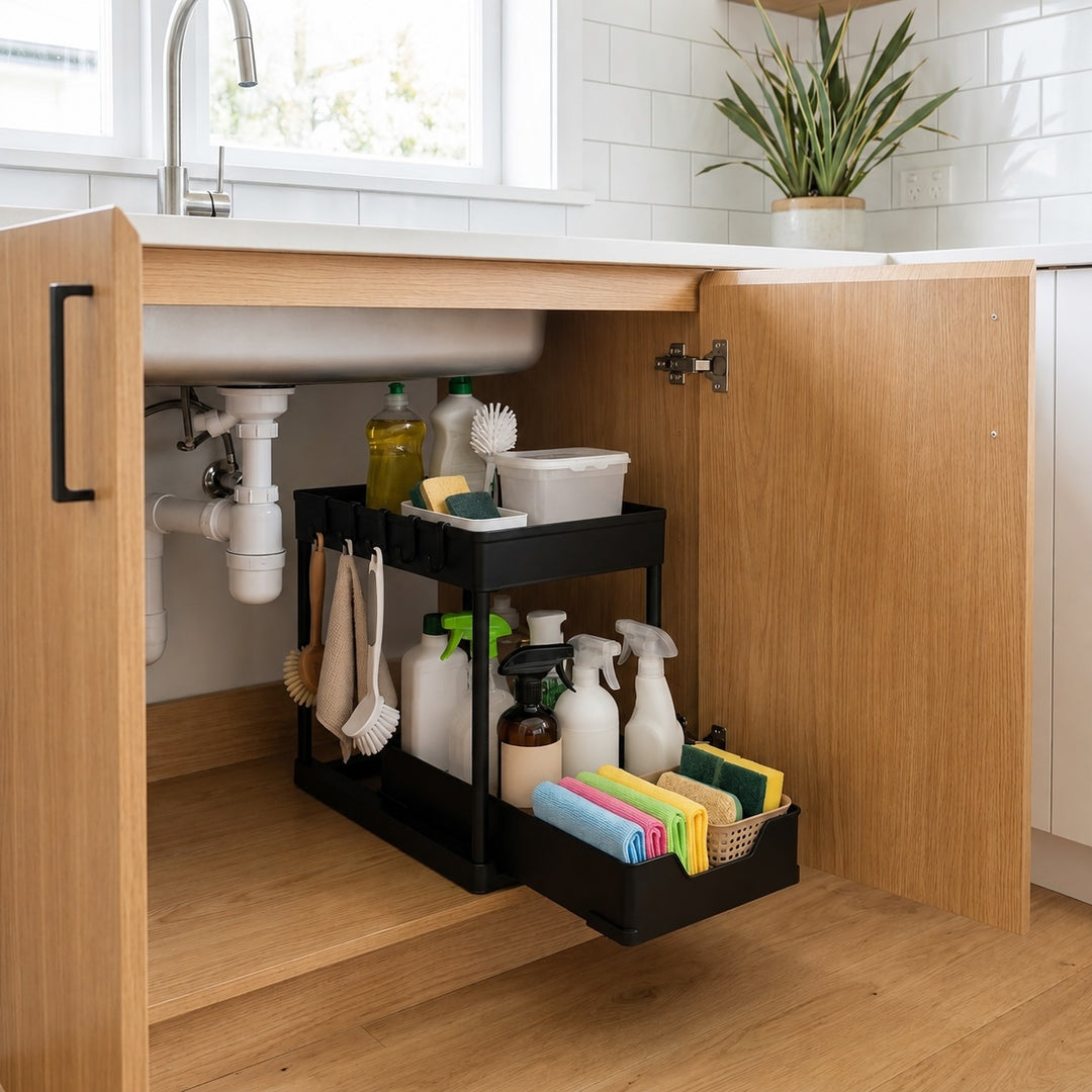 2-Tier Slim Pull Out Under-Sink Organizer Sliding Kitchen Storage Rack