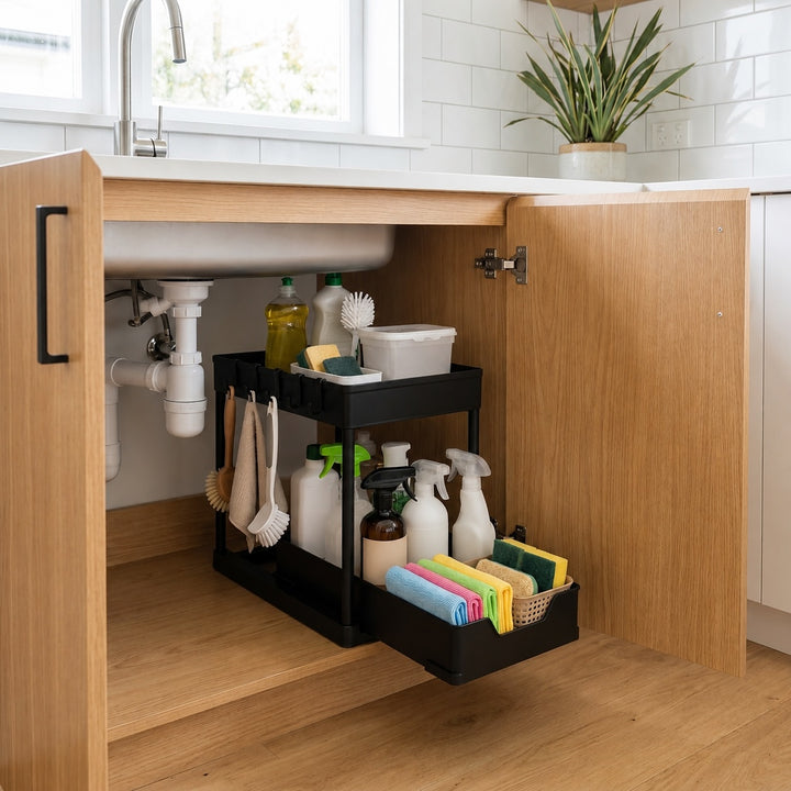 2-Tier Slim Pull Out Under-Sink Organizer Sliding Kitchen Storage Rack