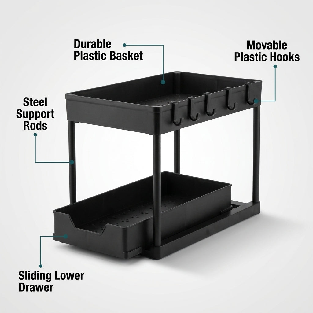 2-Tier Slim Pull Out Under-Sink Organizer Sliding Kitchen Storage Rack