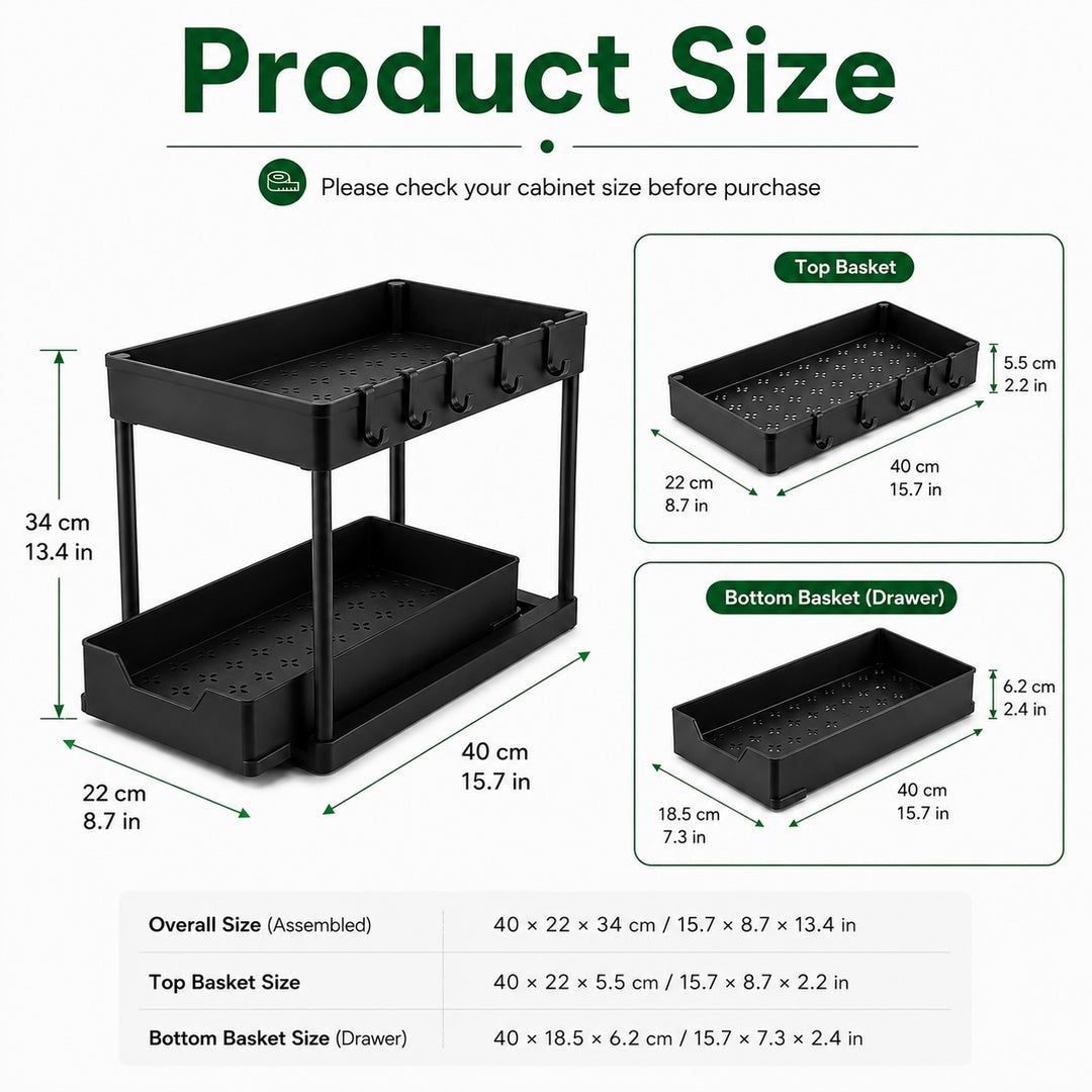 2-Tier Slim Pull Out Under-Sink Organizer Sliding Kitchen Storage Rack