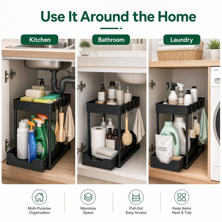2-Tier Slim Pull Out Under-Sink Organizer Sliding Kitchen Storage Rack