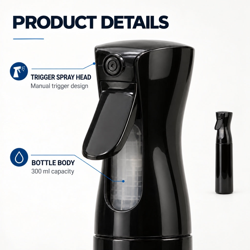300ml Continuous Spray Bottle for Hair Styling, Cleaning & Gardening - Black or White