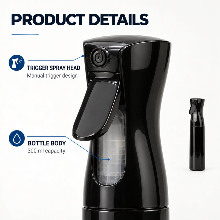 300ml Continuous Spray Bottle for Hair Styling, Cleaning & Gardening - Black or White