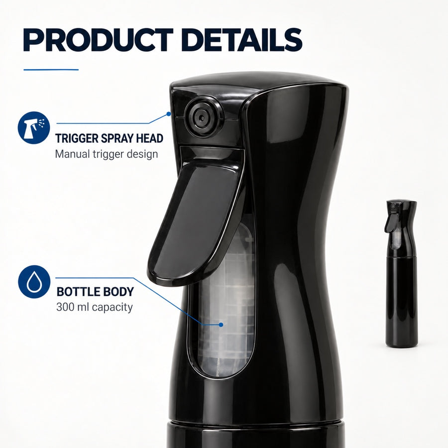 300ml Continuous Spray Bottle for Hair Styling, Cleaning & Gardening - Black or White