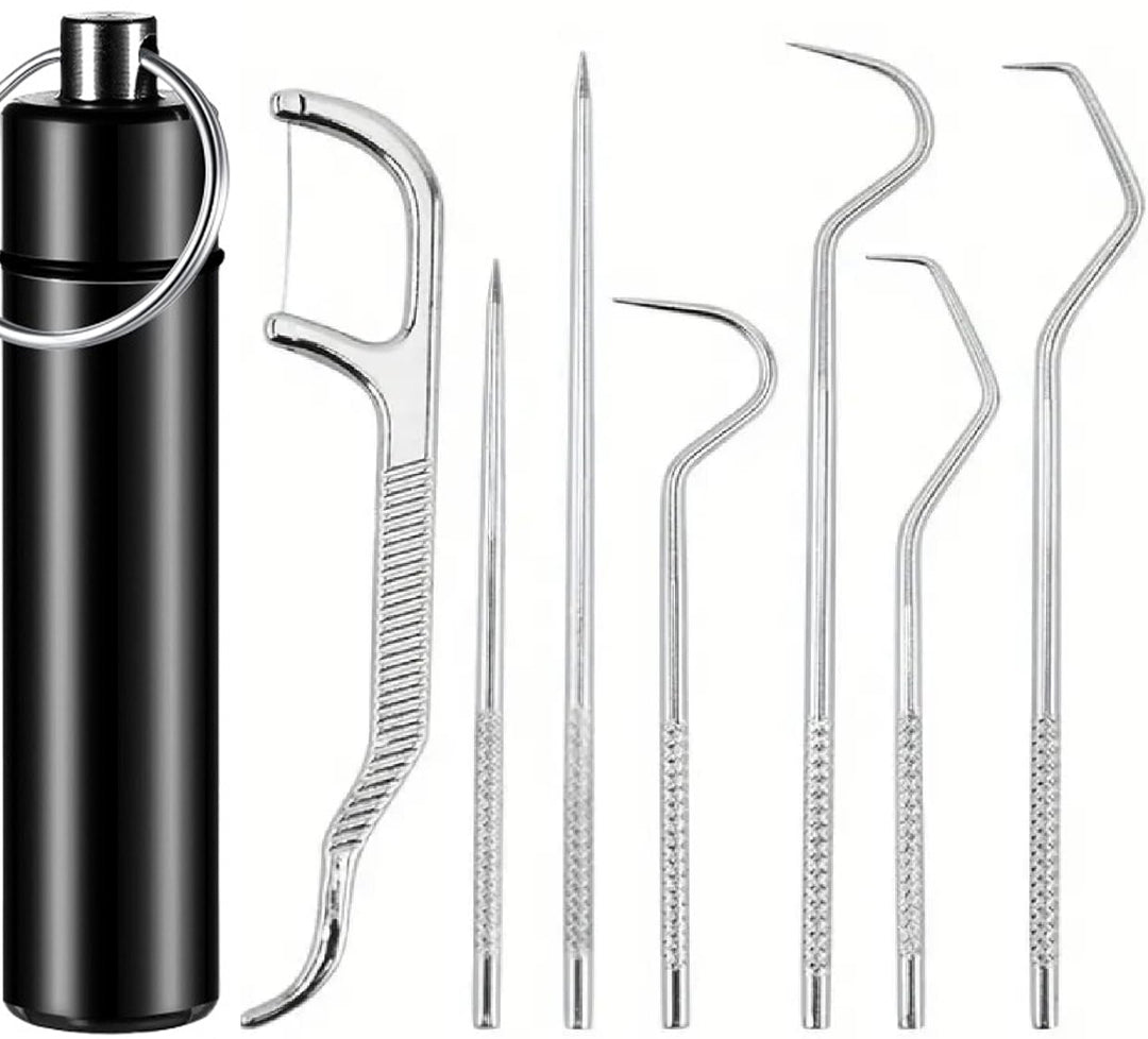7Pcs Pocket Toothpick Set in Stainless Steel with Portable Holder