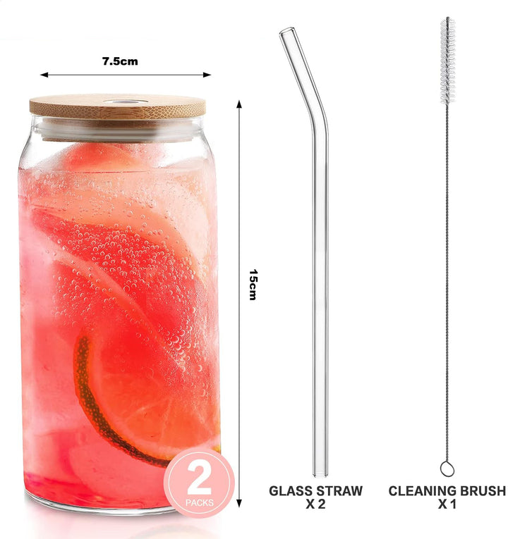 2 Pack Drinking Glass Cup with Bamboo Lid and Straw Set