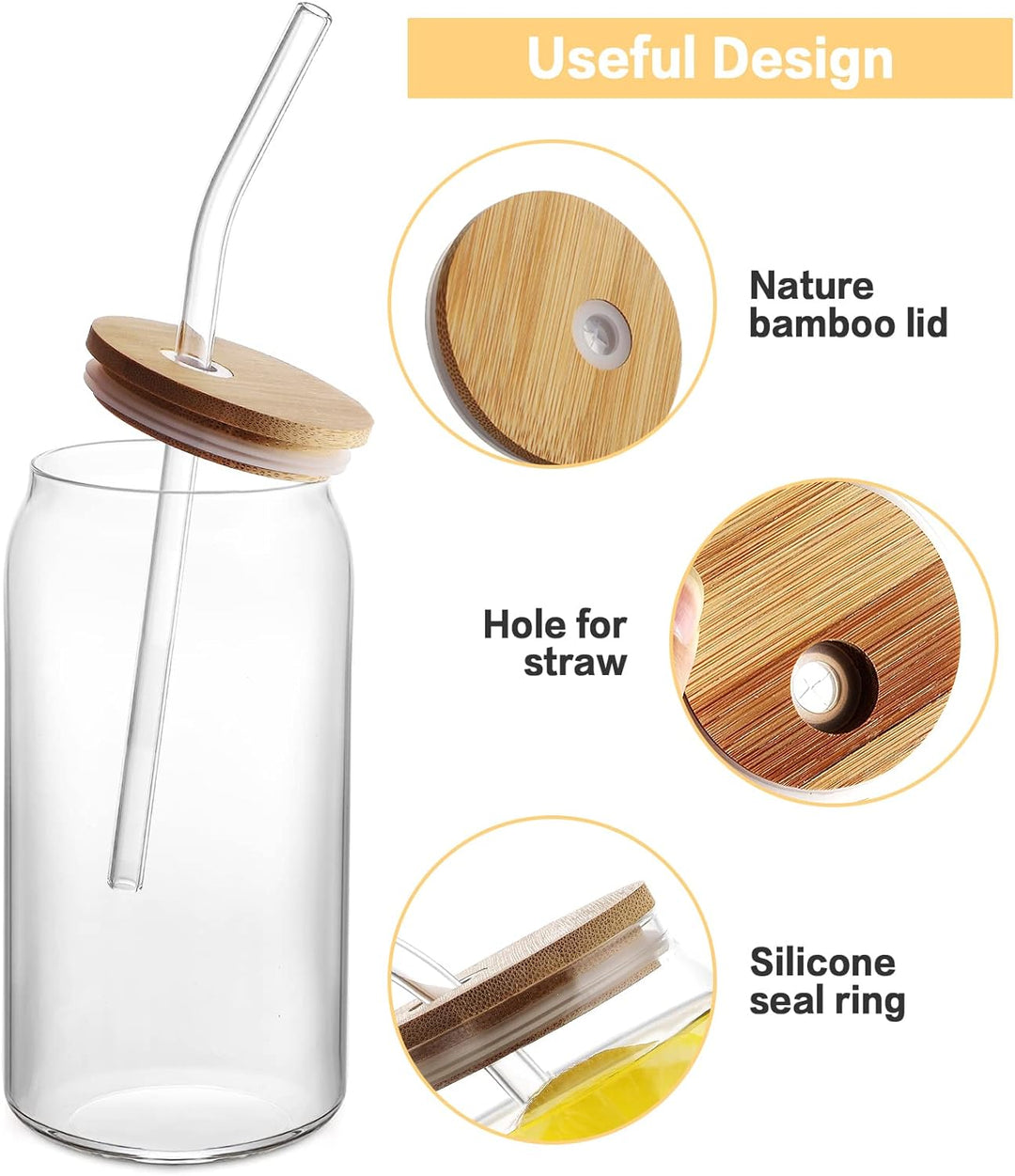 2 Pack Drinking Glass Cup with Bamboo Lid and Straw Set