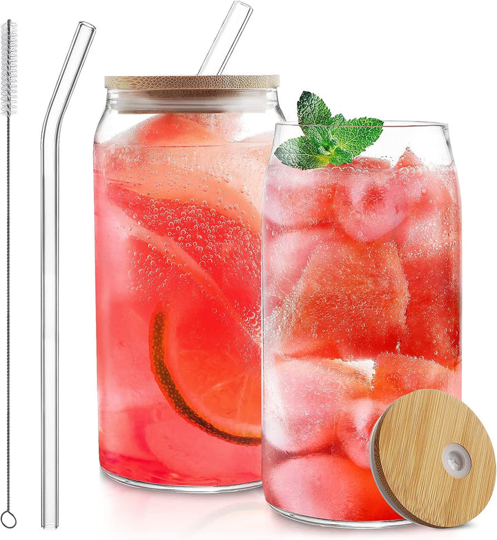 2 Pack Drinking Glass Cup with Bamboo Lid and Straw Set