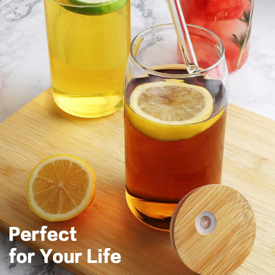 2 Pack Drinking Glass Cup with Bamboo Lid and Straw Set