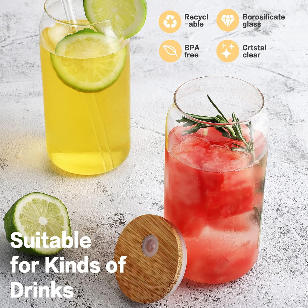 2 Pack Drinking Glass Cup with Bamboo Lid and Straw Set