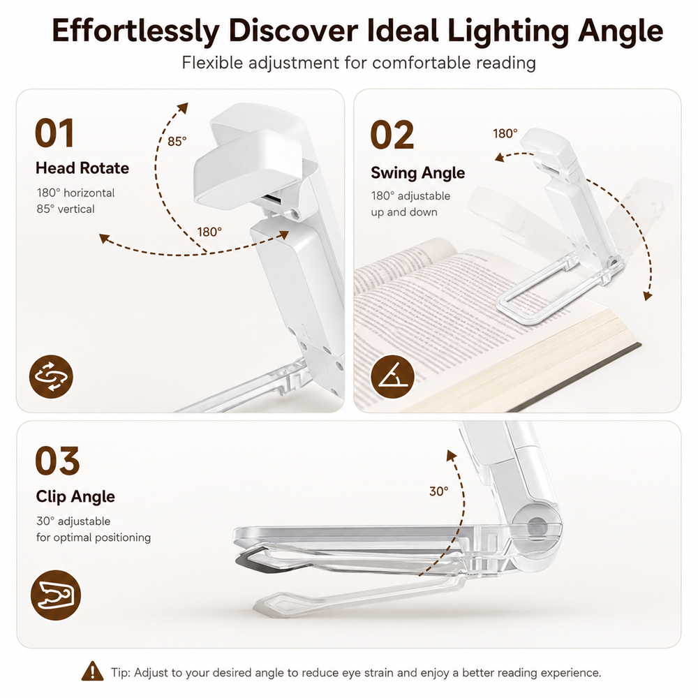 Portable Clip-on LED Reading Light with 3 Color Modes & 5 Brightness Levels