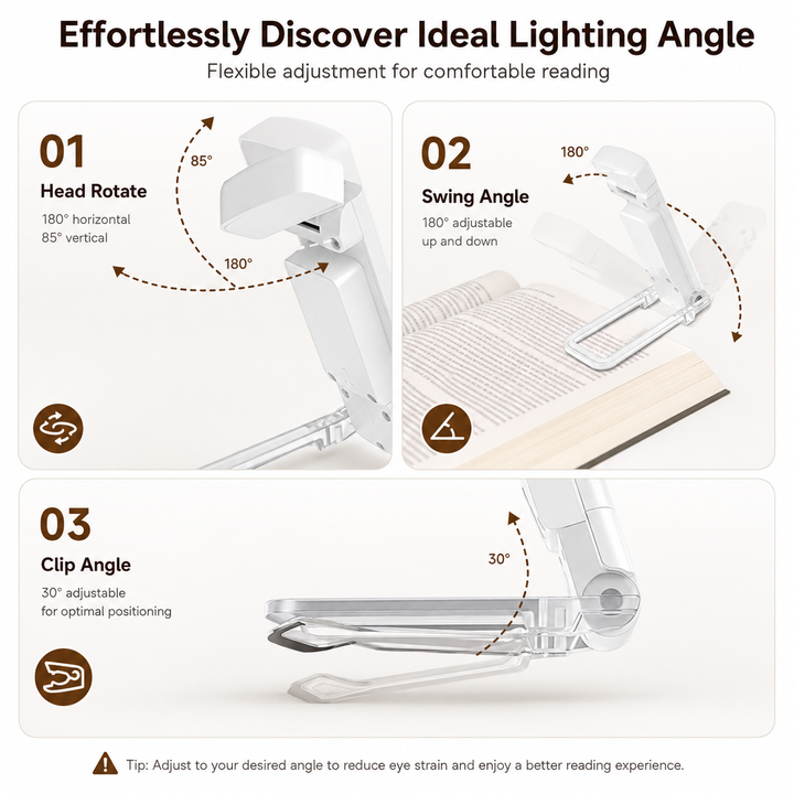 Portable Clip-on LED Reading Light with 3 Color Modes & 5 Brightness Levels