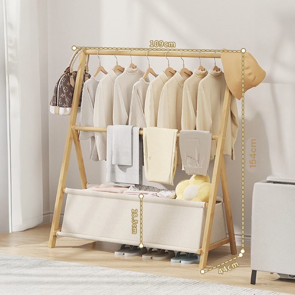 Foldable Bamboo Garment Rack with Storage Bag - 154cm