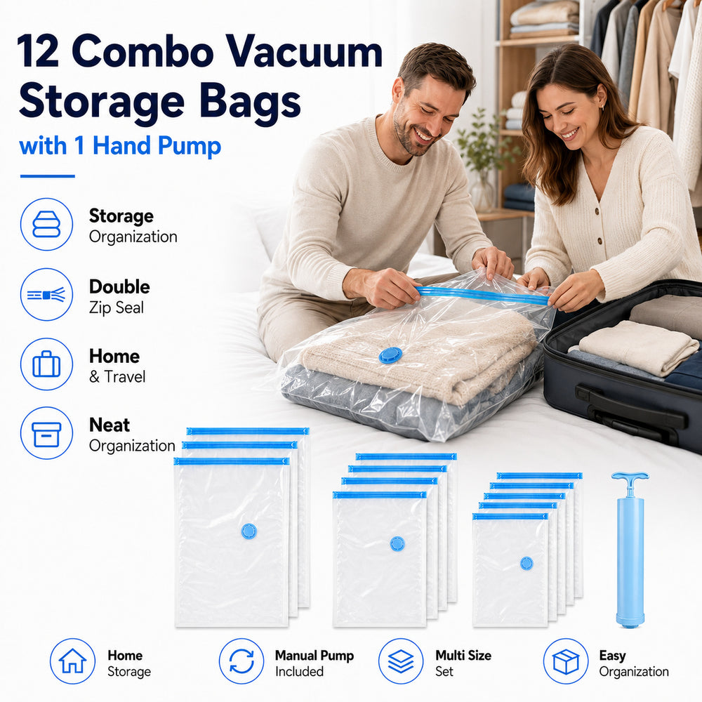 12 Vacuum Storage Bags with Manual Hand Pump - 3 Sizes