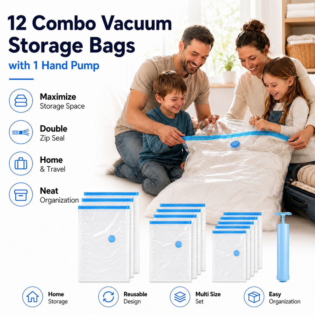 12-Piece Vacuum Storage Bag Set with Manual Hand Pump - 3 Sizes