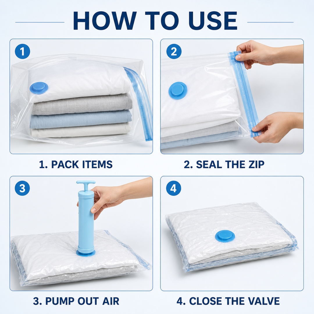 12-Piece Vacuum Storage Bag Set with Manual Hand Pump - 3 Sizes