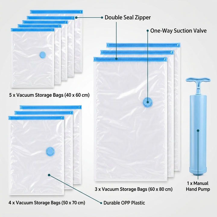 12-Piece Vacuum Storage Bag Set with Manual Hand Pump - 3 Sizes