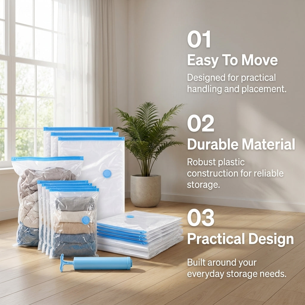 12-Piece Vacuum Storage Bag Set with Manual Hand Pump - 3 Sizes