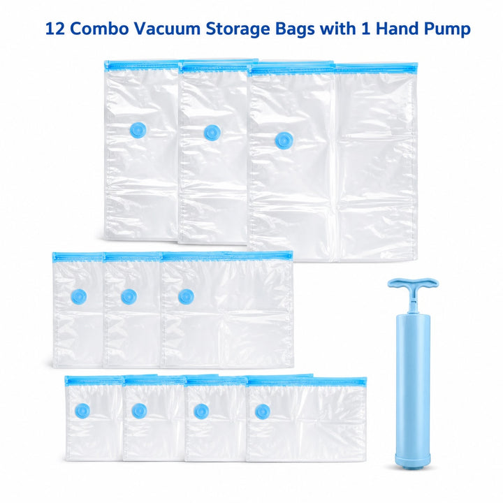 12-Piece Vacuum Storage Bag Set with Manual Hand Pump - 3 Sizes