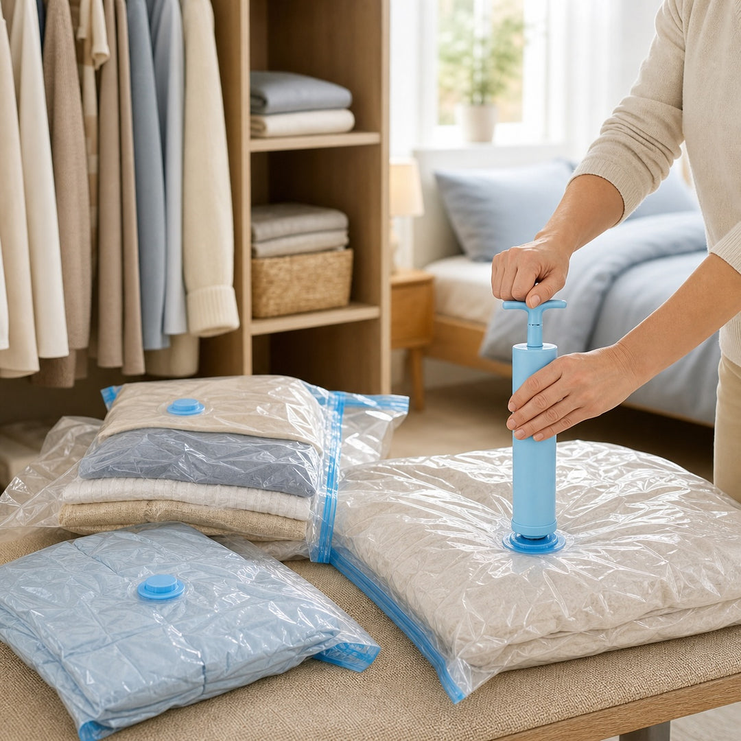 12-Piece Vacuum Storage Bag Set with Manual Hand Pump - 3 Sizes